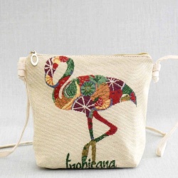 Малка дамска чанта от плат с фламинго и плодове