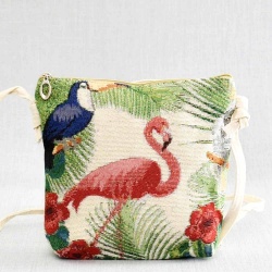 Малка дамска чанта от плат с  цветя и фламинго 