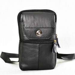 Мъжка чанта от естествена кожа с гайка за колан и с дълга дръжка, височина 18 см, черна