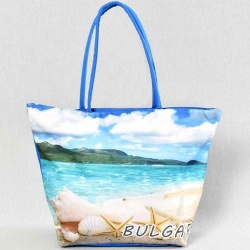 Голяма плажна чанта Морски пейзаж, евтина, от непромокаем плат, затваряне с цип