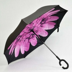 Обърнат дамски чадър за дъжд, двупластов, противовятърен, черен с розово цвете