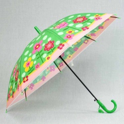 Детски чадър с цветя, със свирка, 8 метални ребра, зелен
