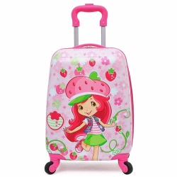 Детски куфар Момиче с ягоди, твърд , 46/30/20 см, с четири колелца, розов