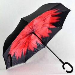 Обърнат дамски чадър за дъжд, двупластов, противовятърен, черен с червено цвете