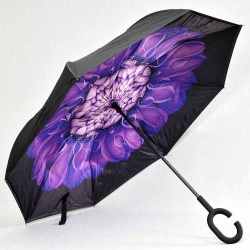Обърнат дамски чадър за дъжд, двупластов, противовятърен, черен с лилаво цвете