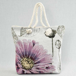 Плажна дамска чанта от плат Лилаво цвете, вертикална