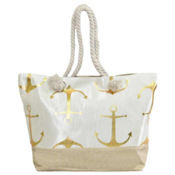 Плажна чанта Котва, с дръжки от въже за носене под мишница, бежова със златни орнаменти