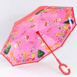 Обърнат детски чадър за дъжд Жиравче и маймунки, двупластов, противовятърен, розов/червен