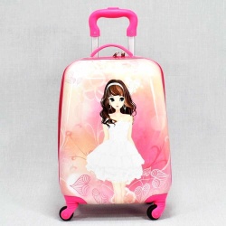 Детски куфар Момиче в бяло твърд 46/30/20 см с четири колелца розов