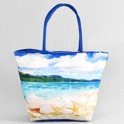 Голяма плажна чанта Морски пейзаж, евтина, от непромокаем плат, затваряне с цип