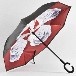 Обърнат дамски чадър за дъжд Рози, двупластов, противовятърен, черен