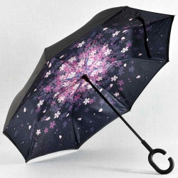 Обърнат дамски чадър за дъжд Цветя, двупластов, противовятърен, черен