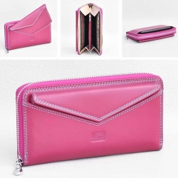Дамско портмоне от естествена кожа с цип и изваждащ се монетник и джоб за телефон, тъмно розово