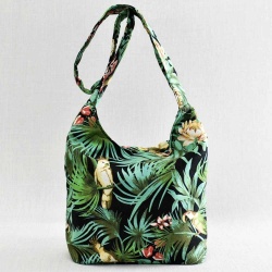 Дамска чанта от плат, тип торба, с цветя и папагали