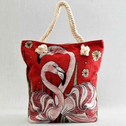 Плажна дамска чанта от плат с фламинго и цветя, вертикална, червена