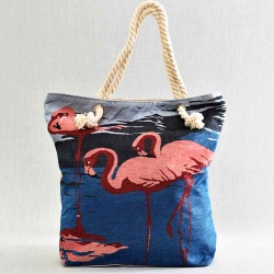 Плажна дамска чанта от плат с фламинго и цветя, вертикална, синя