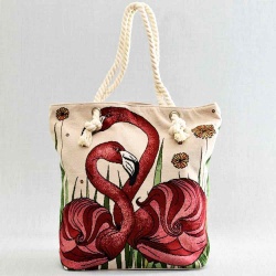 Плажна дамска чанта от плат с фламинга и цветя, вертикална
