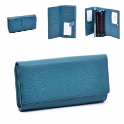 Дамско портмоне от естествена кожа с много отделения за документи и карти, синьо