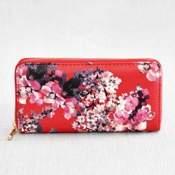 Дамско портмоне с цип от еко кожа с щампа цветя, червено