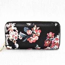 Дамско портмоне с цип от еко кожа с щампа цветя, черно