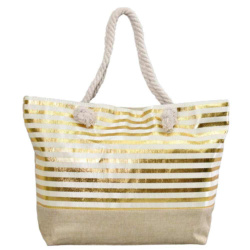 Плажна чанта от лен, с дръжки от въже за носене под мишница, златни райета
