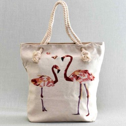 Плажна дамска чанта от плат с фламинго и цветя, вертикална