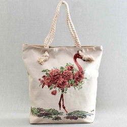 Плажна дамска чанта от плат с фламинго и цветя, вертикална
