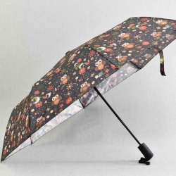 Дамски чадър за дъжд с бухалчета, автоматичен, черен