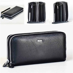 Дамско портмоне от естествена кожа с две отделения с цип и джоб за телефон, черно
