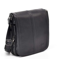 Мъжка чанта от естествена кожа с капак и два разширителни ципа, височина 20 см, черна