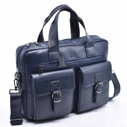Бизнес чанта от естествена телешка кожа, с отделение за лаптоп 14", синя