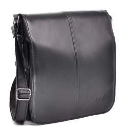 Мъжка чанта от естествена кожа с капак и два разширителни ципа, височина 24 см, черна