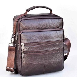 Мъжка чанта от естествена кожа с много отделения, височина 27 см, кафява