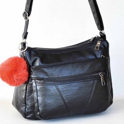 Евтина дамска чанта за през рамо от мека варена еко кожа, с две отделения и много джобчета, черна + ПОДАРЪК висулка