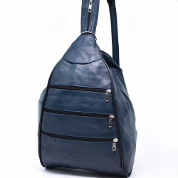 Дамска раница-чанта от естествена кожа с външни джобчета, тъмно синя