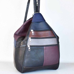 Дамска раница-чанта от естествена кожа 2 в 1 с много външни джобчета, тъмни пастелни цветове