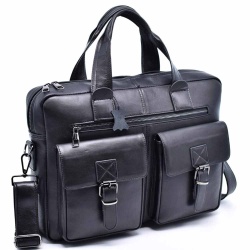 Бизнес чанта от естествена телешка кожа, с отделение за лаптоп 14", черна