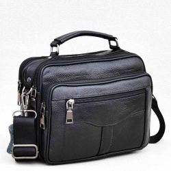 Мъжка чанта от естествена кожа с капак на джоба, хоризонтална, височина 19 см, черна
