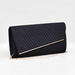 Официална дамска чанта тип клъч от плат, със златна лайсна на капака, черна