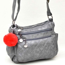 Дамска чанта за през рамо от висококачествена еко кожа, с две отделения и много джобчета, сива + ПОДАРЪК висулка