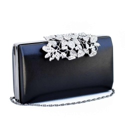 Официална дамска чанта, клъч от еко кожа и красива катарама цветя от блестящи камъни, черна