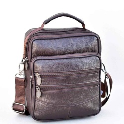 Мъжка чанта от естествена телешка кожа с много джобчета, височина 24 см, кафява