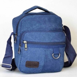 Мъжка чанта от здрав брезентов плат за през рамо с удобни предни джобчета, синя