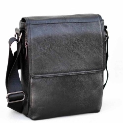 Мъжка чанта от естествена телешка кожа с капак, височина 26 см, черна