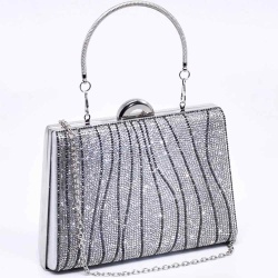 Официална дамска чанта, клъч с блестящи  камъчета, къса и дълга дръжка, сребърна