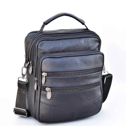 Мъжка чанта от естествена телешка кожа с много джобчета, височина 24 см, черна