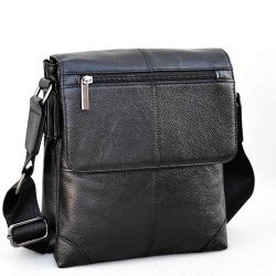 Мъжка чанта от естествена кожа с капак и три прегради, височина 24 см, черна