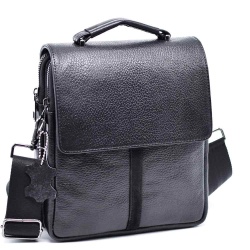 Мъжки чанти: Мъжка чанта от естествена кожа, телешки бокс с капак и много отделения, черна
