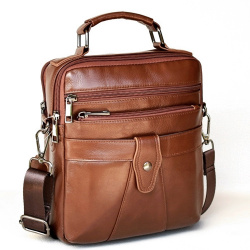 Мъжка чанта от естествена кожа с много отделения, височина 23 см, с къса и дълга дръжка, кафява