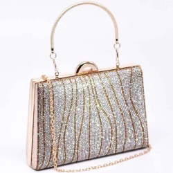 Официална дамска чанта, клъч с блестящи  камъчета, къса и дълга дръжка, златна